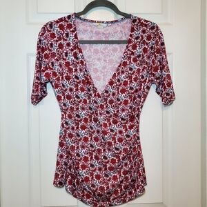 Boden Women Floral V-Neck Short Sleeve Red White Wrap Top Sz US 8 Stretchy